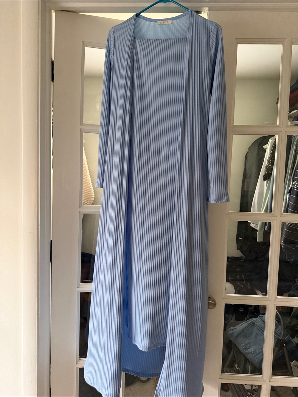 Canvas Light Blue Ribbed Sleeveless Dress with Long Cardigan- Maternity